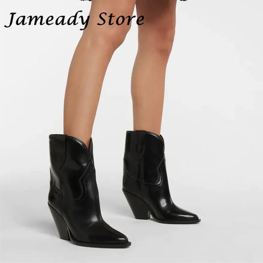 Starlet Cowboy Ankle Boots - Real Leather with Chunky High Heel for Women