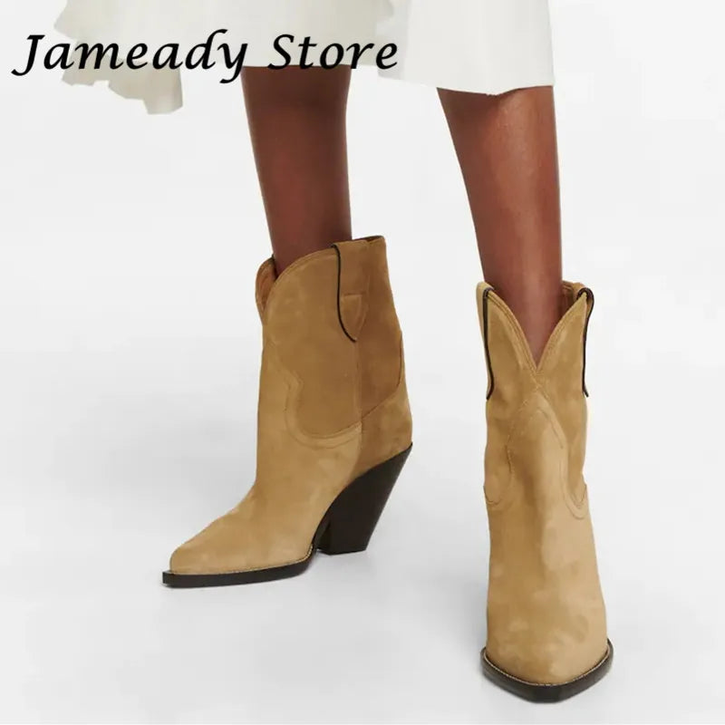 Starlet Cowboy Ankle Boots - Real Leather with Chunky High Heel for Women